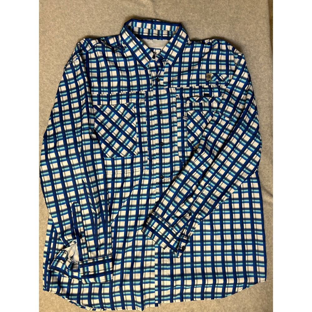 REEL LEGENDS Mens Blue & White Plaid Long Sleeve Fishing Shirt